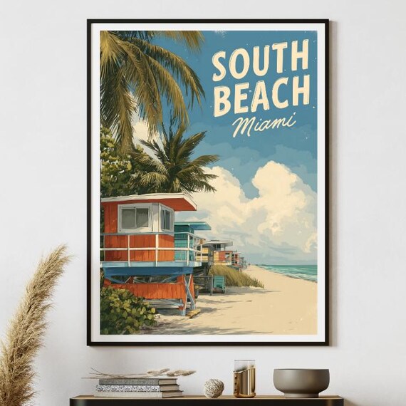 South Beach Miami Lifeguard Tower Retro Vintage Travel Poster