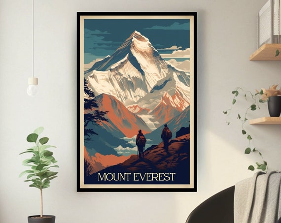 Vintage Mount Everest Poster Paul Pelletier Inspired Stencil Art Outdoor Adventure Wall Decor Dark Beige Sky Blue