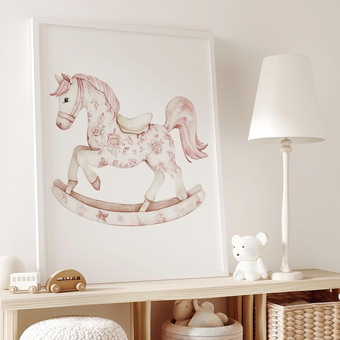 Pink Floral Pattern Rocking Horse Watercolor Nursery Decor Poster