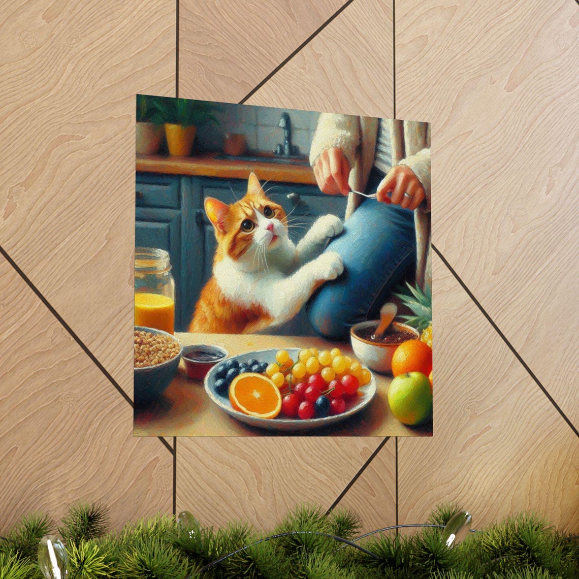 Cute Orange Kitten Begging for Fruit at Breakfast Table Poster - Image 5
