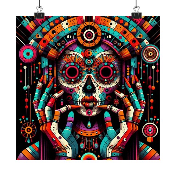 Colorful Day of the Dead Sugar Skull Face Tribal Style Art Poster