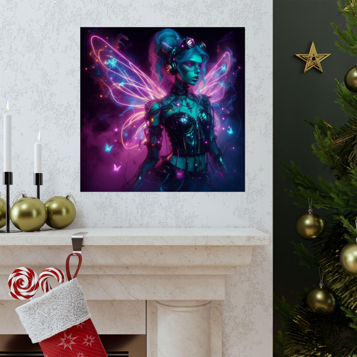 Cyberpunk Neon Fairy with Glowing Magenta Wings Fantasy Art Poster - Image 3