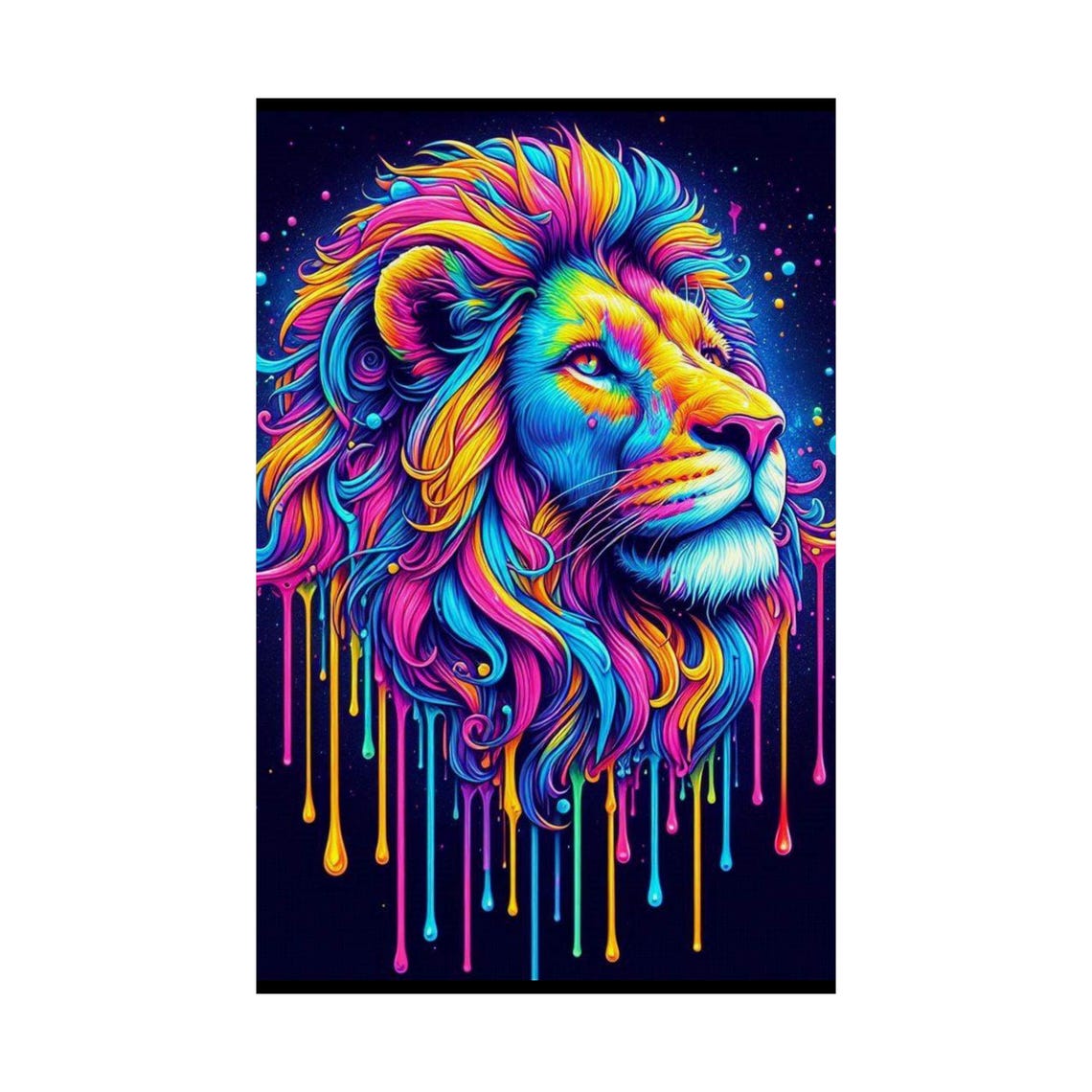 Colorful Lion Head with Dripping Neon Paint on Black Art Poster - Image 6