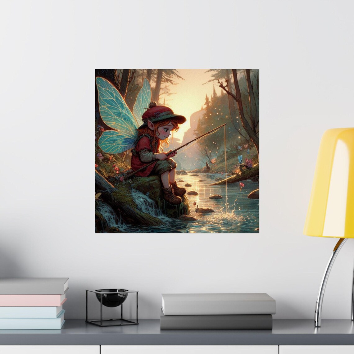 Little Fairy Girl Fishing in a Glowing Forest Stream Sunset Poster - Image 2