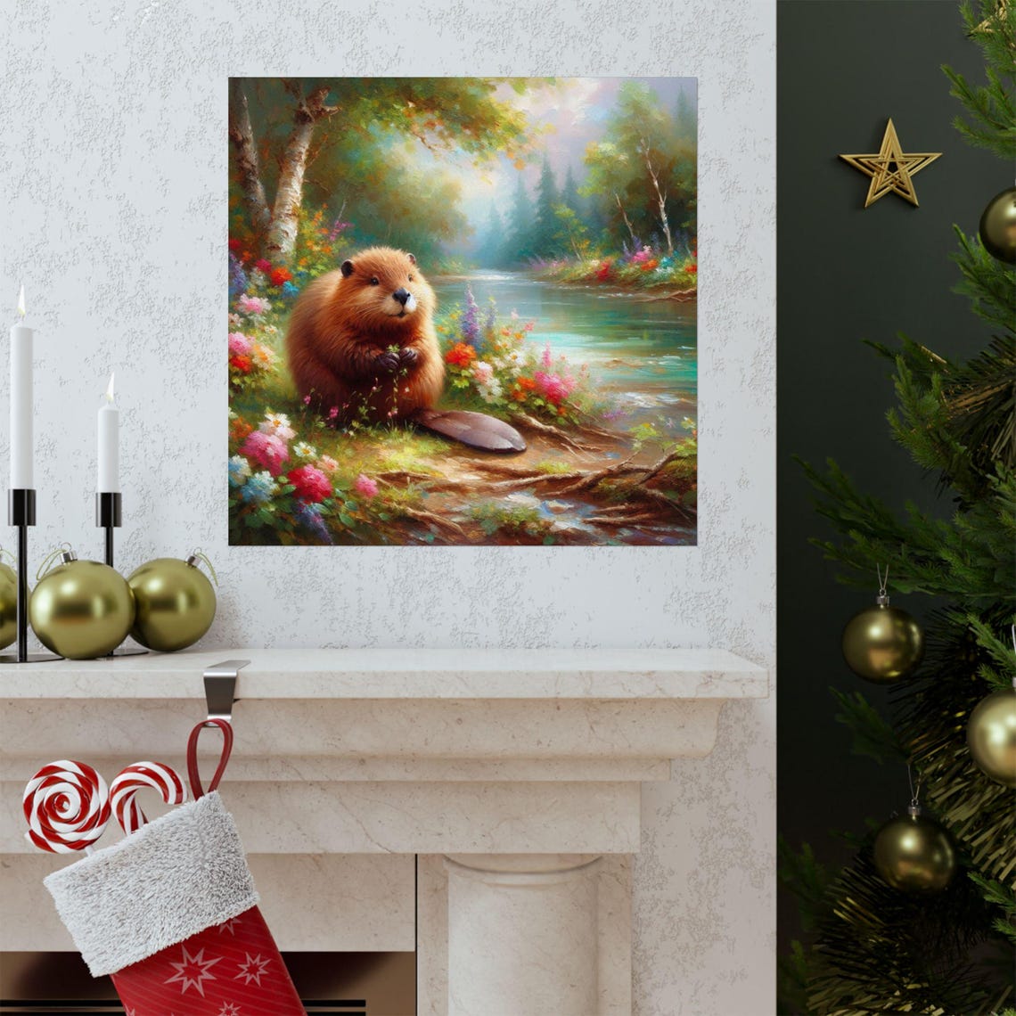 Cute Chubby Beaver Sitting by Forest River Wildflower Art Poster - Image 3