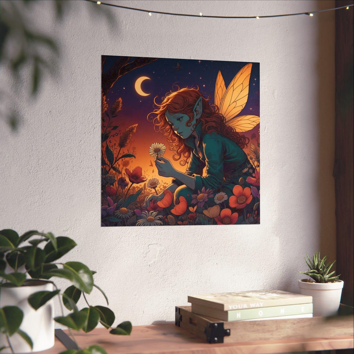Red Haired Fairy Holding a Daisy Under a Crescent Moon Poster - Image 4