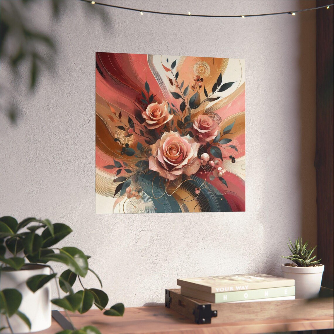 Blush Pink Roses with Flowing Abstract Swirls Botanical Art Poster - Image 4