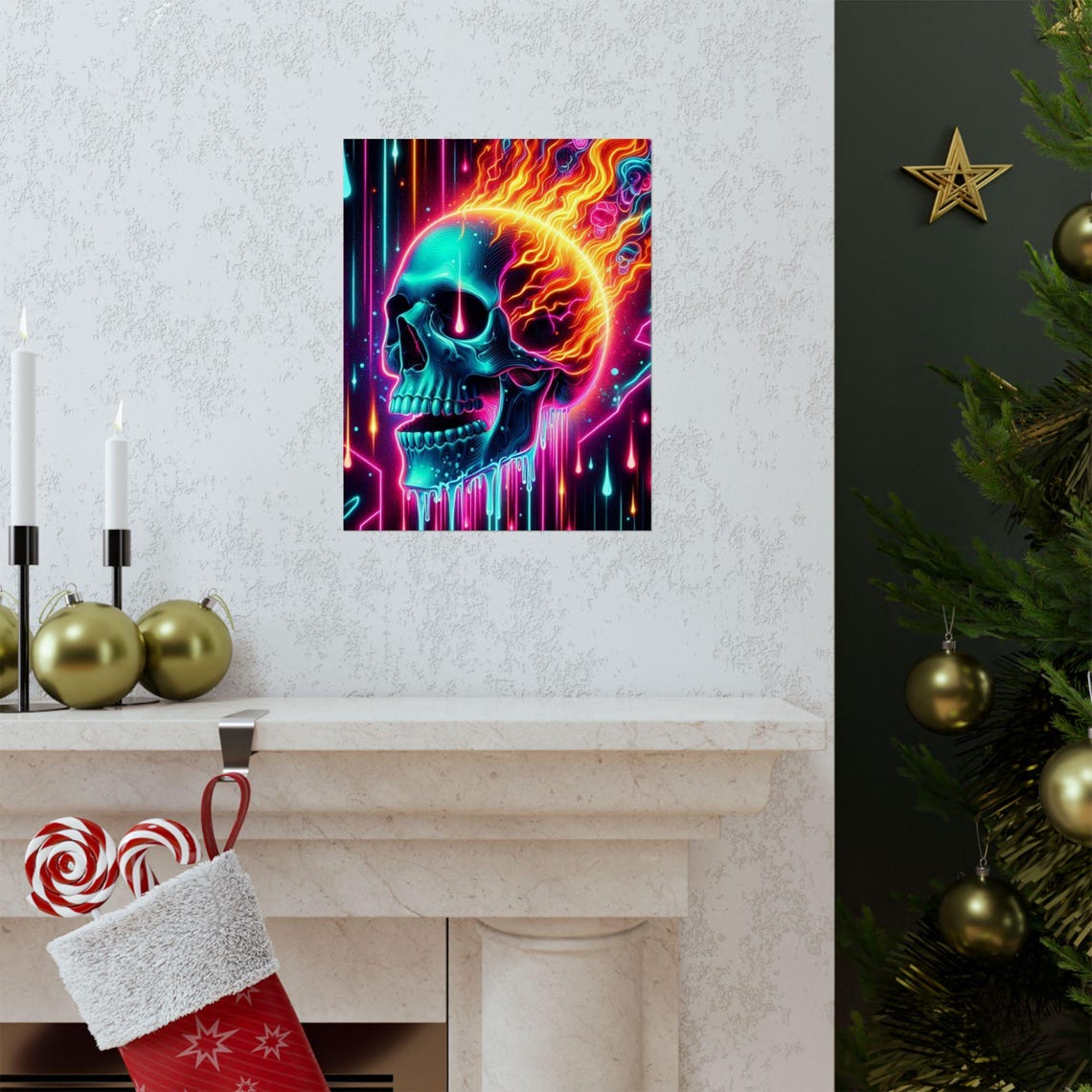Neon Flaming Skull with Melting Drips on Dark Background Poster - Image 3