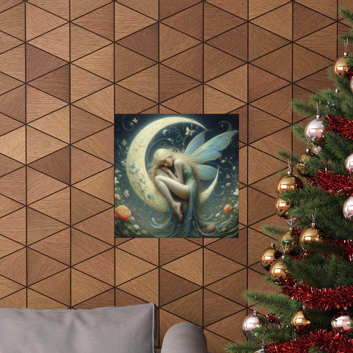 Fairy Sleeping Curled on Crescent Moon Night Sky Fantasy Art Poster - Image 6