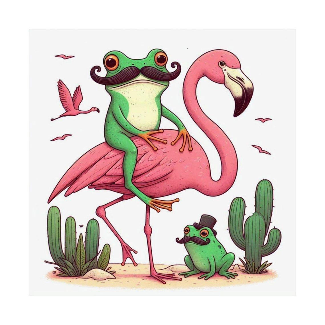 Mustachioed Frog Riding a Pink Flamingo in the Desert Poster - Image 6