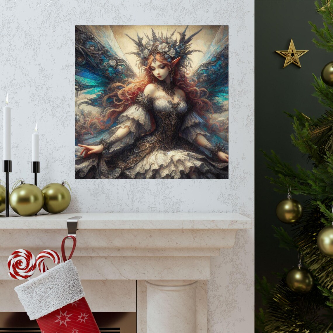 Gothic Fairy Queen with Ornate Wings and Feather Crown Art Poster - Image 3