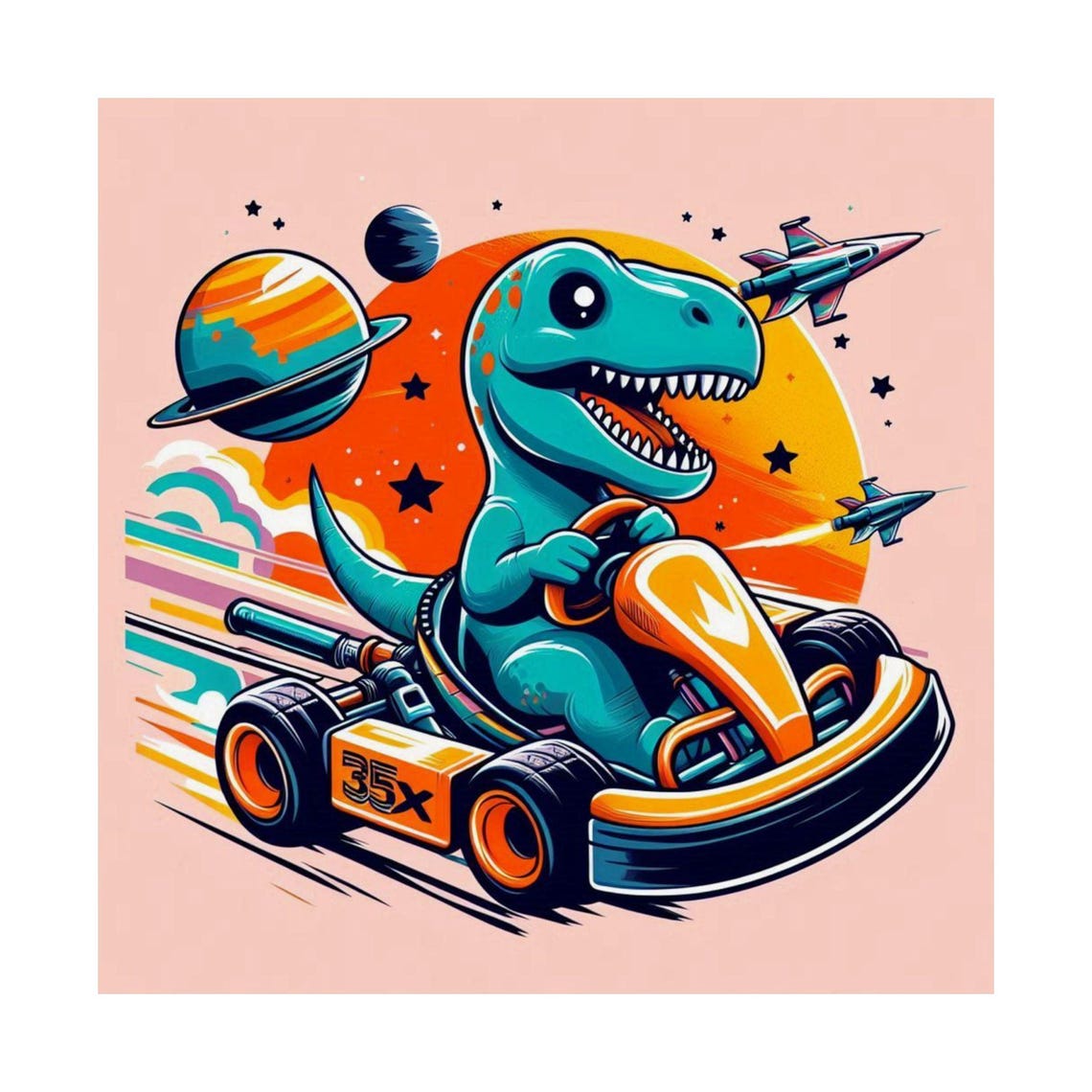 Cheerful Dinosaur Racing a Go Kart Through Outer Space Art Poster - Image 7