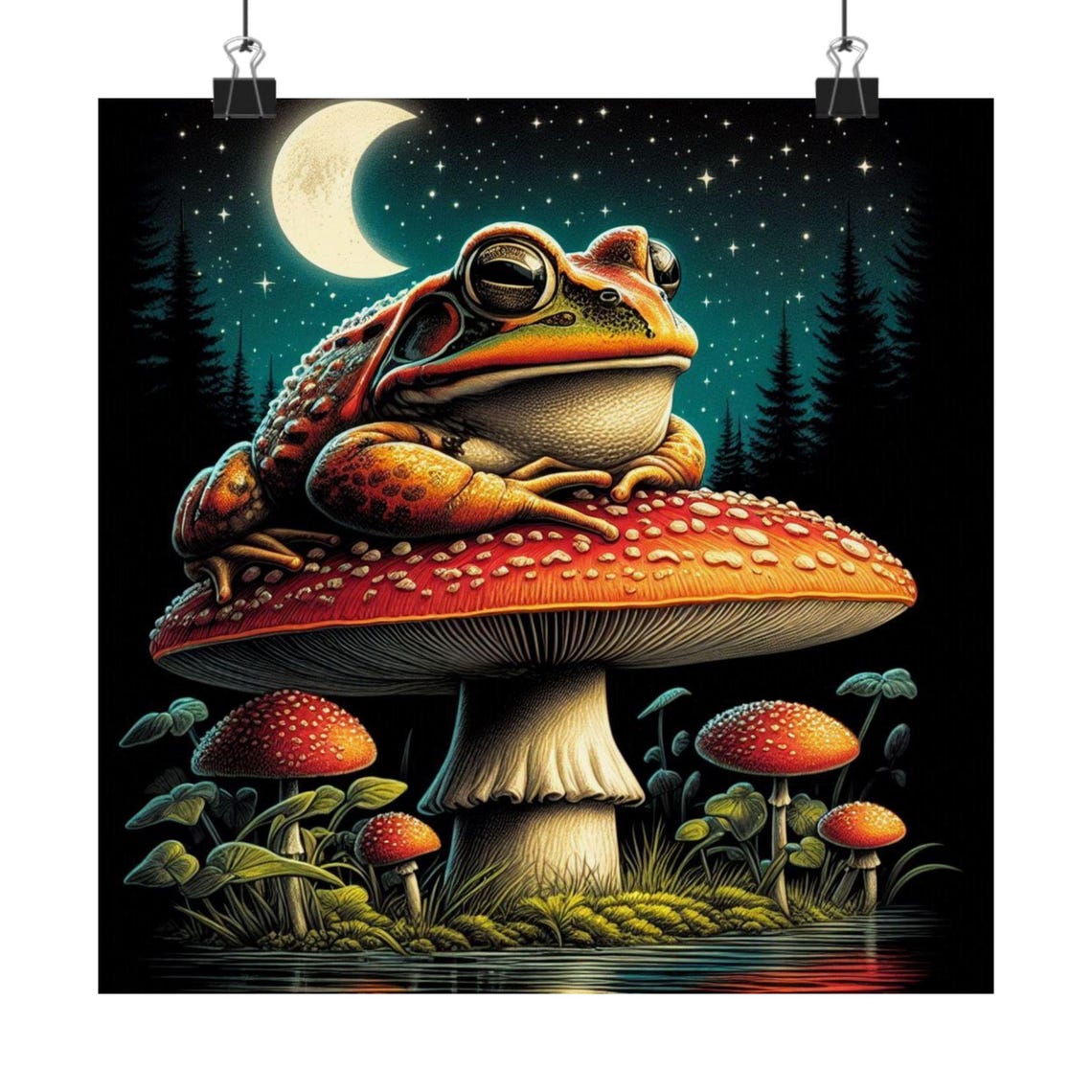 Plump Frog Lounging on a Giant Mushroom Under the Night Moon Poster