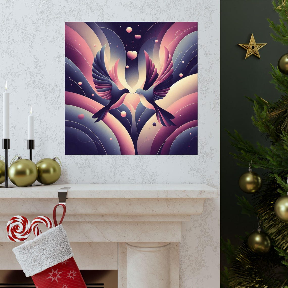 Two Doves with Floating Hearts Gradient Romantic Love Art Poster - Image 3