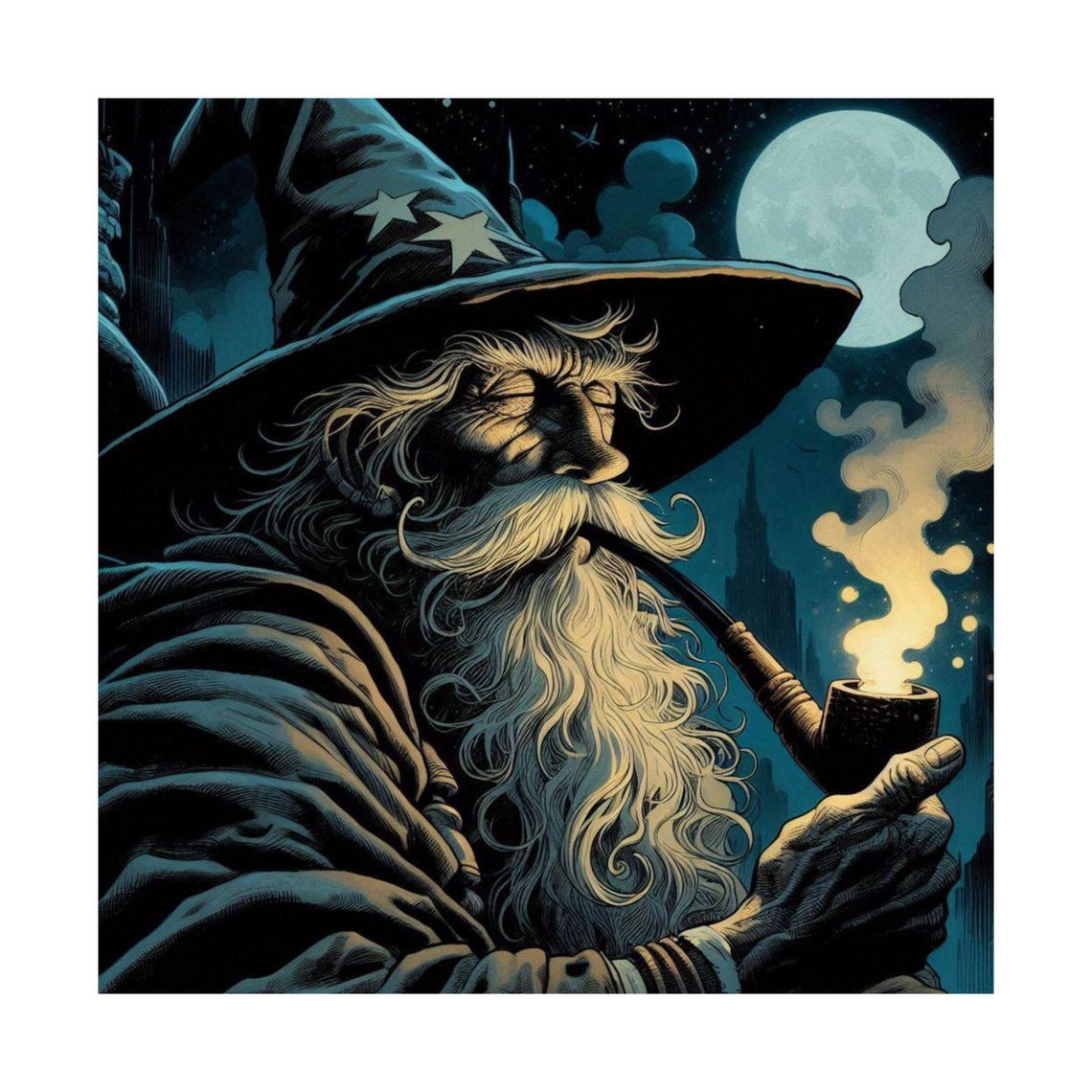 Wise Old Wizard Smoking a Pipe Under a Full Moon Night Poster - Image 7