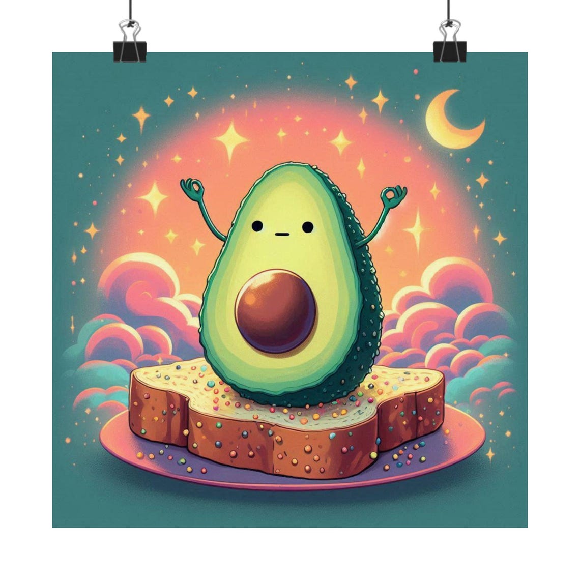 Kawaii Avocado Character on Toast under a Starry Night Poster