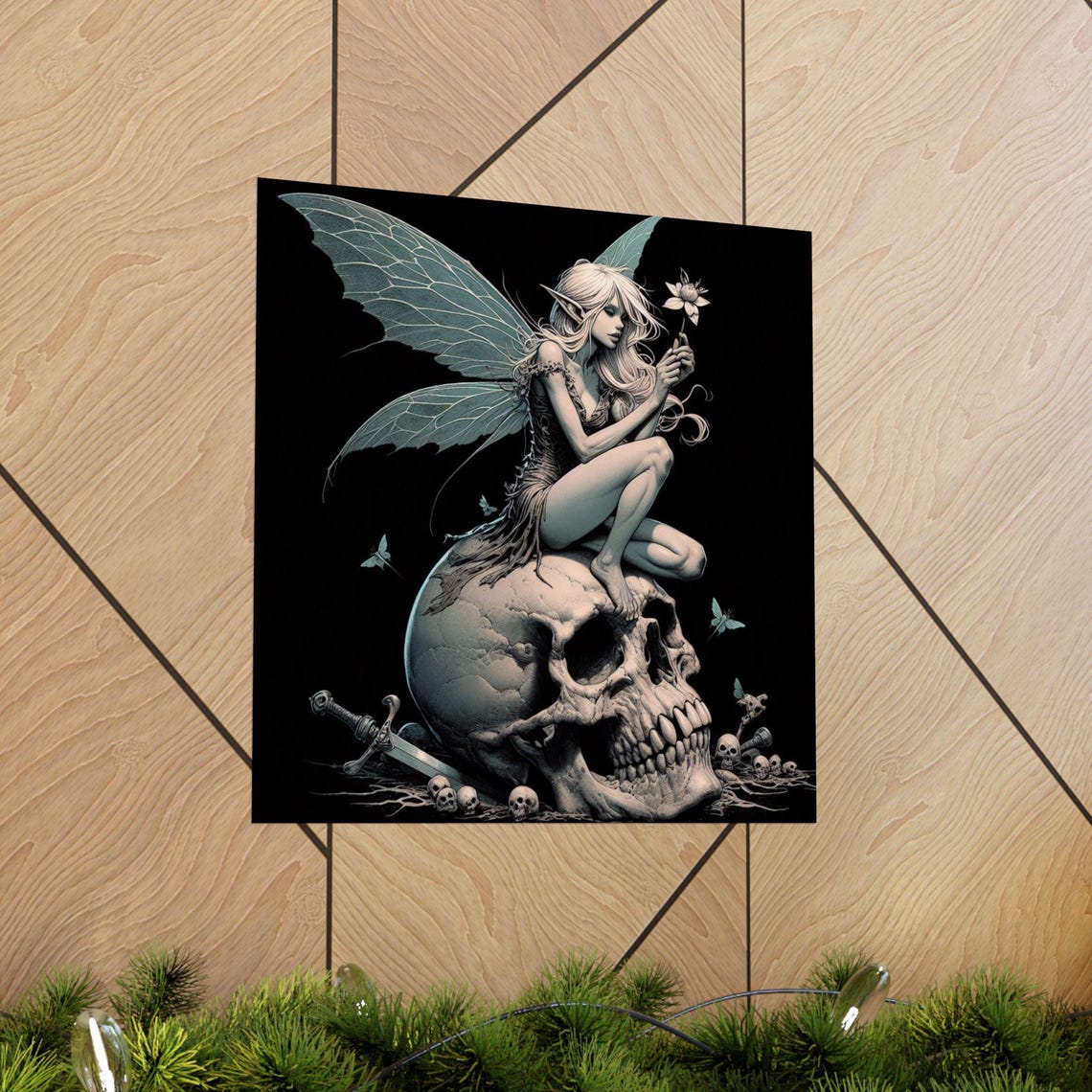 Gothic Fairy Sitting on a Skull in Dark Monochrome Art Poster