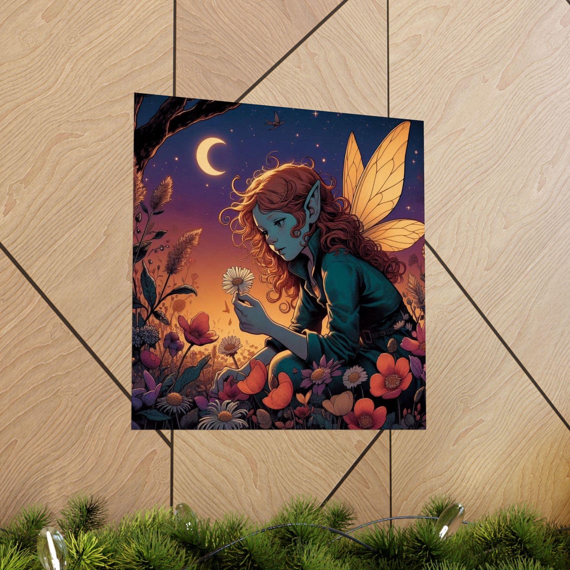 Red Haired Fairy Holding a Daisy Under a Crescent Moon Poster - Image 5
