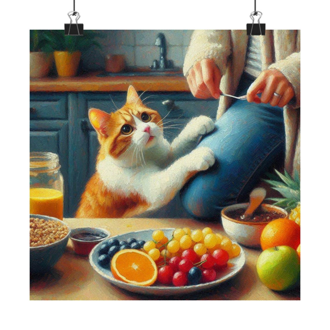 Cute Orange Kitten Begging for Fruit at Breakfast Table Poster