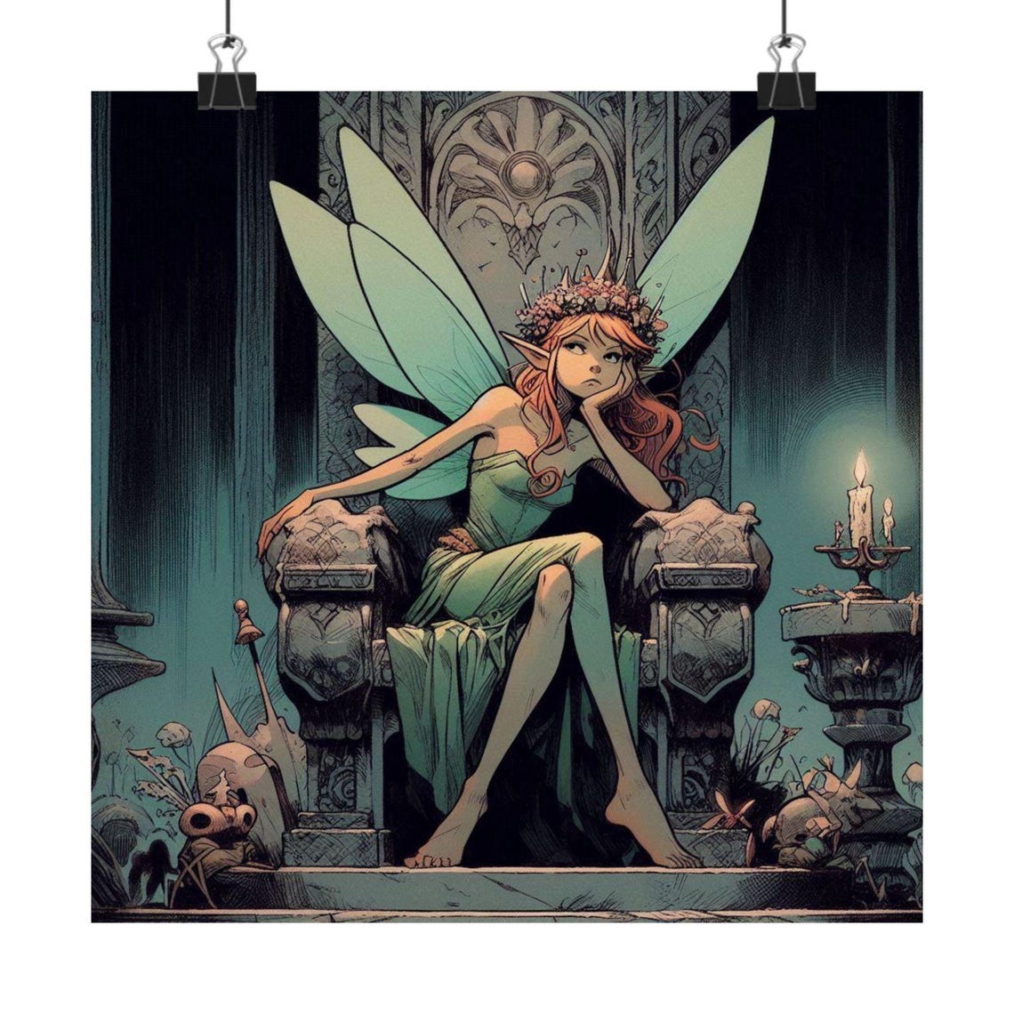 Bored Fairy Queen Resting on a Stone Throne in Candlelight Poster - Image 7