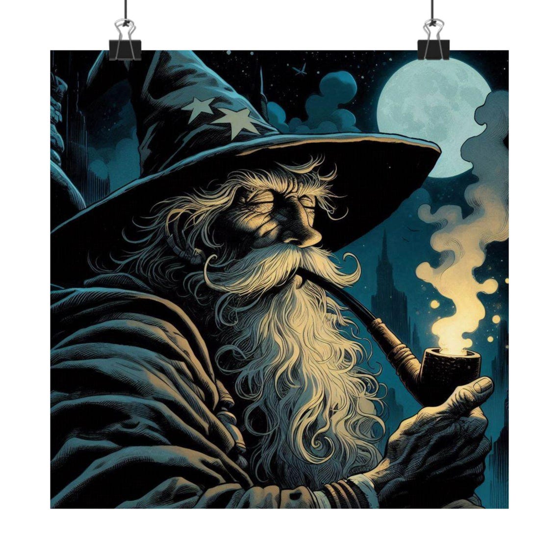 Wise Old Wizard Smoking a Pipe Under a Full Moon Night Poster - Image 6