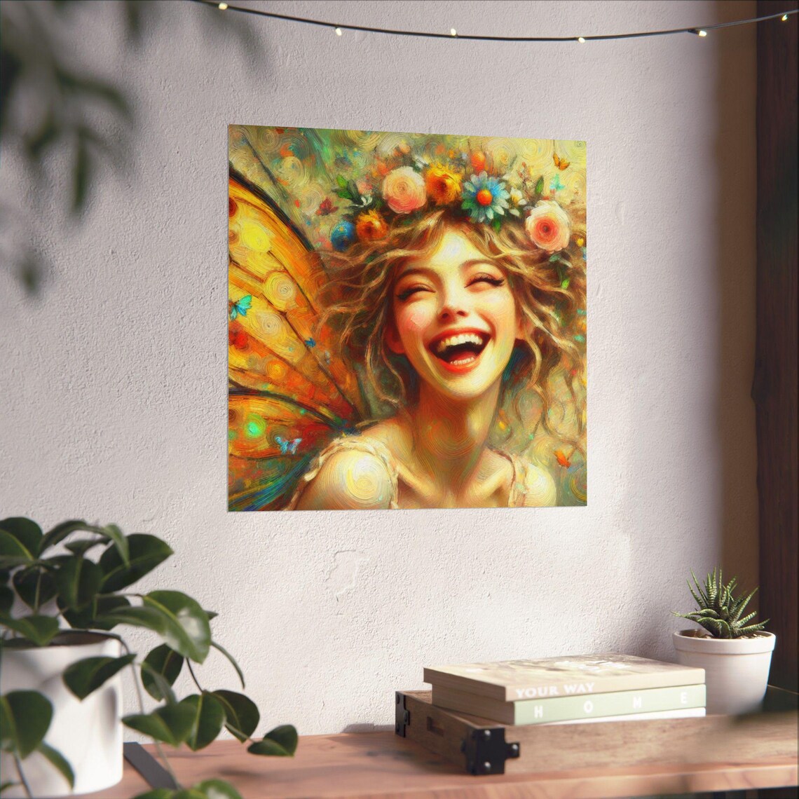 Laughing Fairy with Flower Crown and Butterfly Wings Art Poster - Image 4