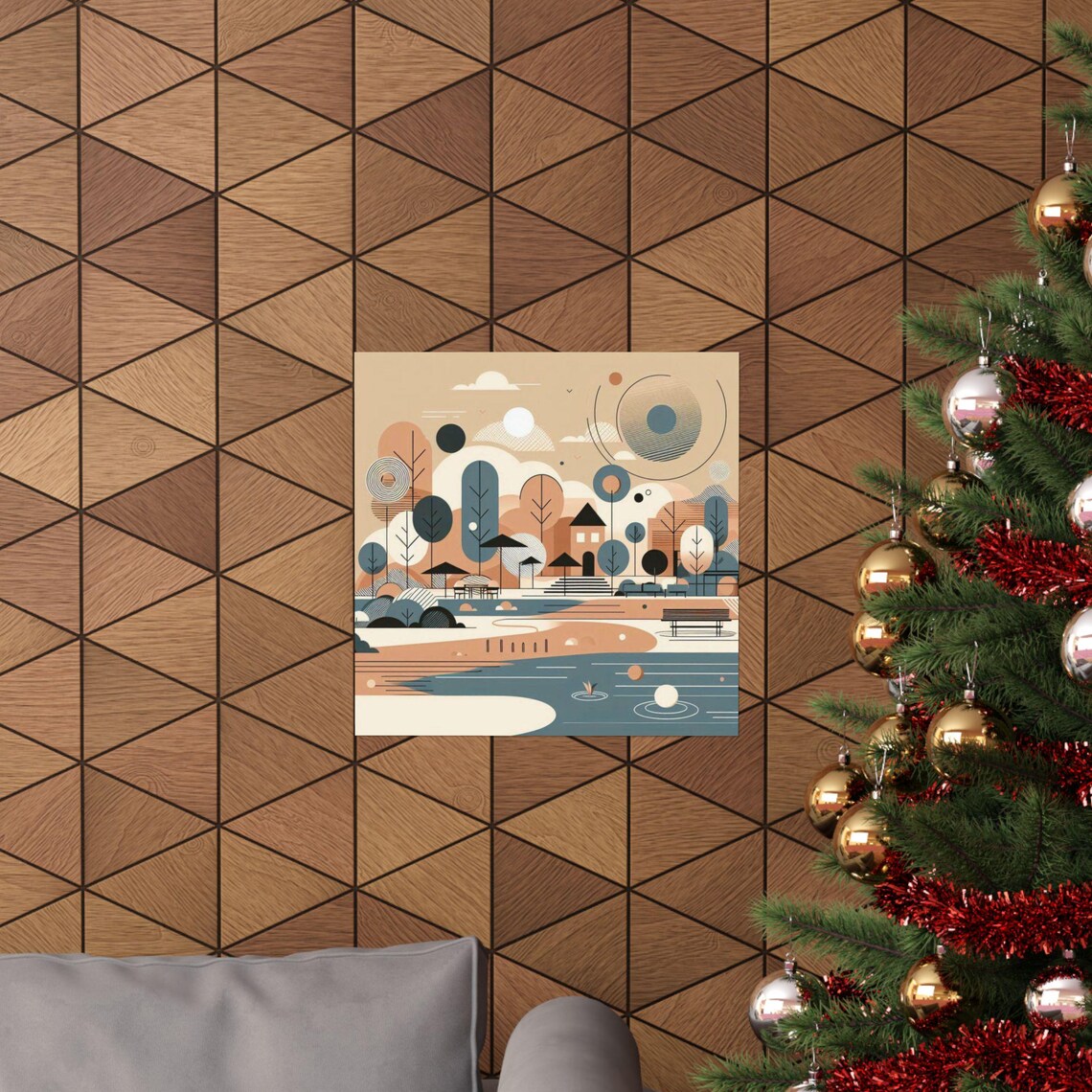Geometric Abstract Park by the Lake in Warm Earth Tones Poster - Image 5
