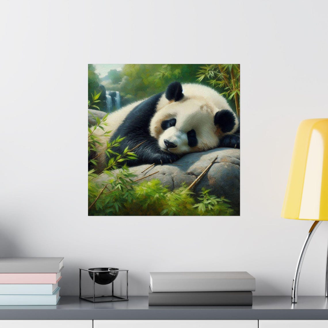 Sleeping Panda Resting on Rock with Bamboo Cute Animal Art Poster - Image 2