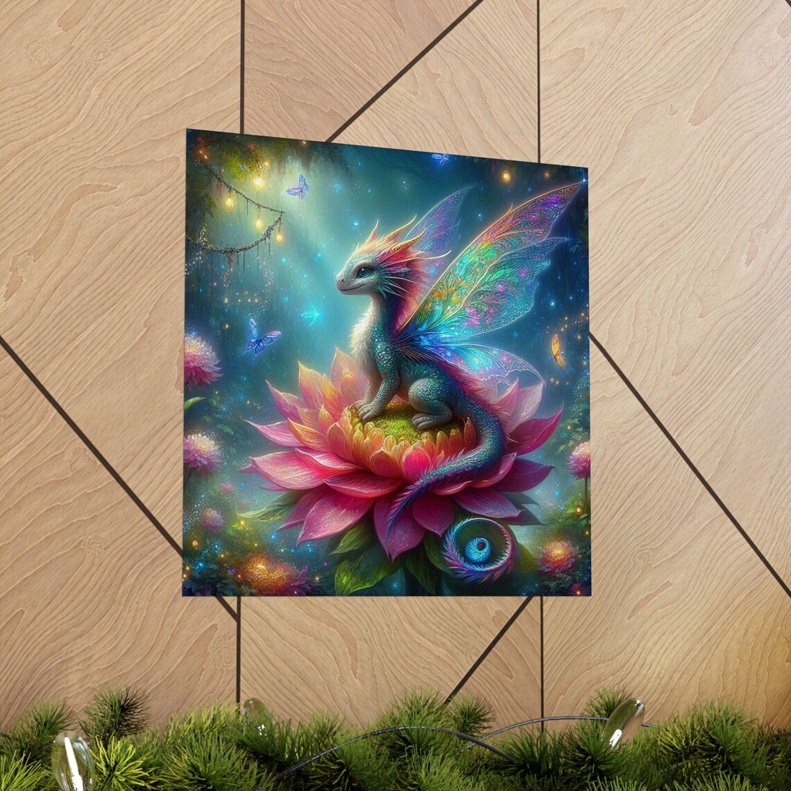 Baby Fairy Dragon Perched on a Pink Lotus Flower Bloom Poster