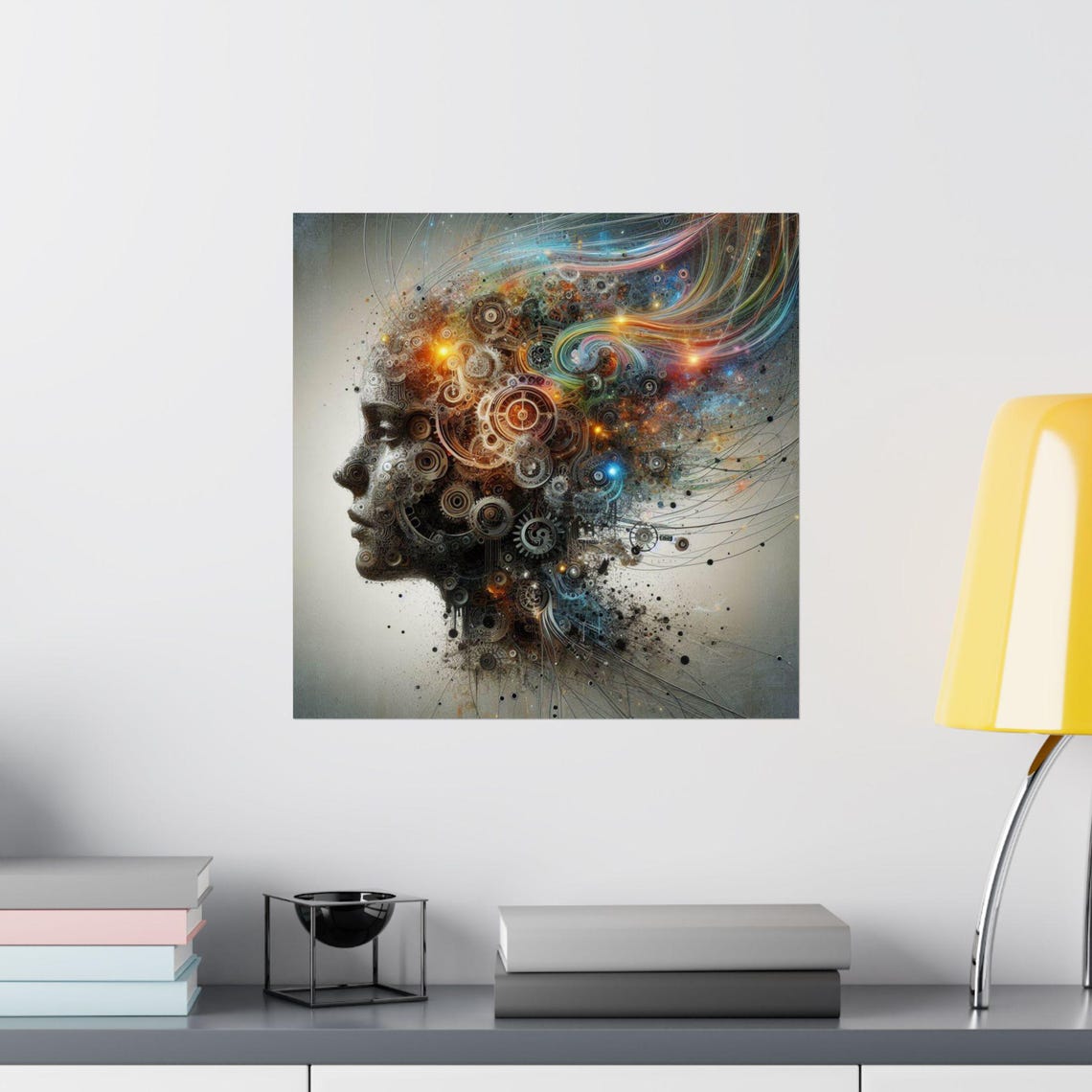 Surreal Steampunk Human Head Profile with Gears and Cogs Poster - Image 2