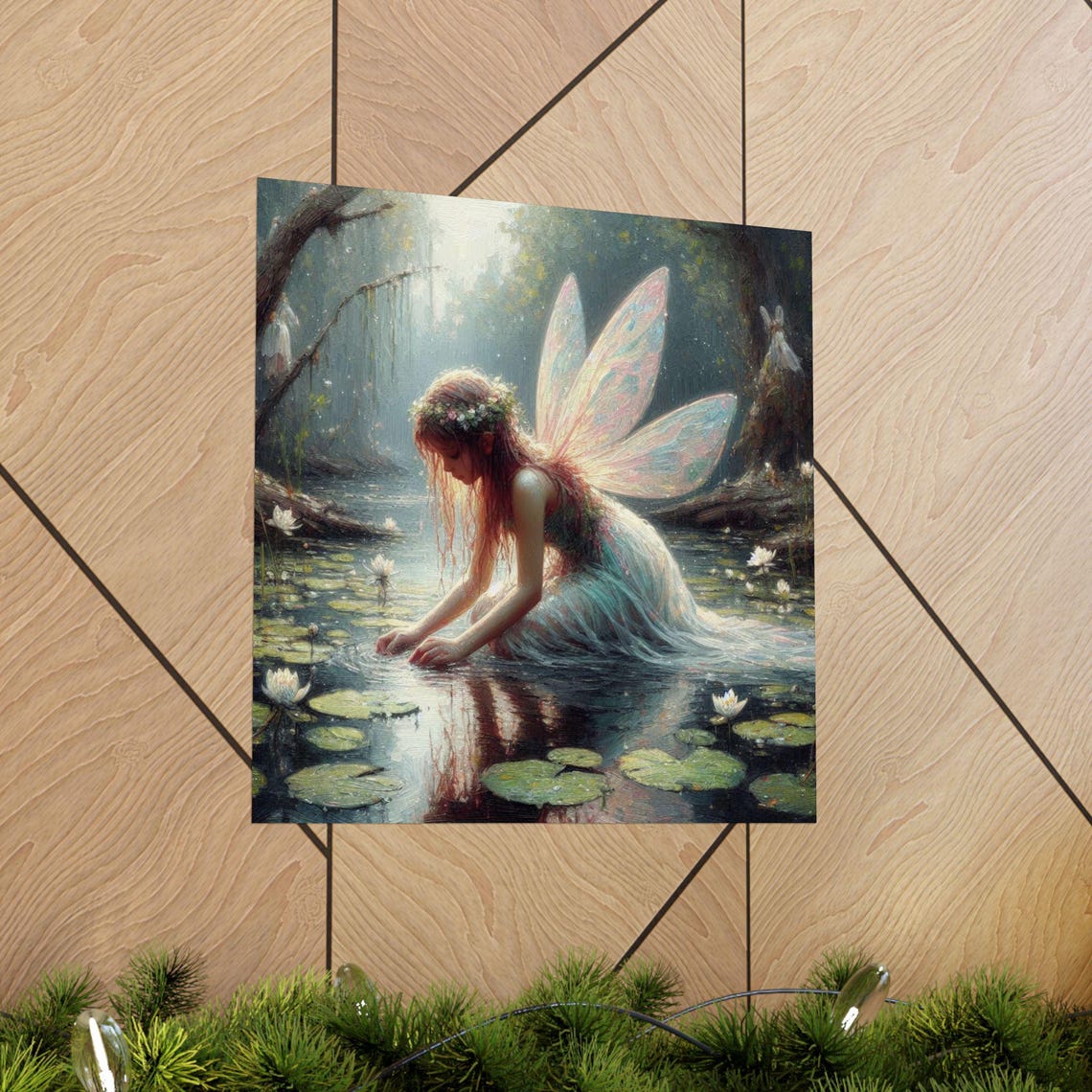 Fairy Kneeling by Lily Pond with Water Reflection Fantasy Poster - Image 5