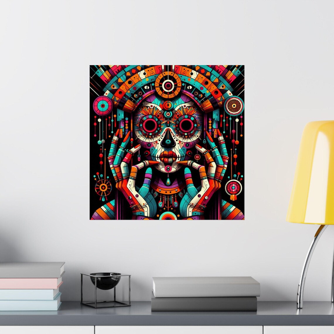 Colorful Day of the Dead Sugar Skull Face Tribal Style Art Poster - Image 2