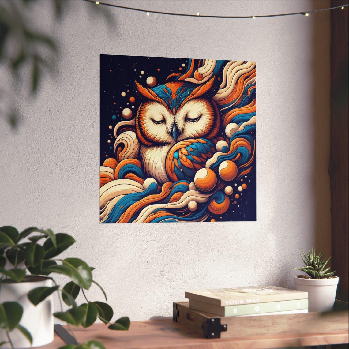 Sleeping Owl Wrapped in Dreamy Orange and Teal Swirls Poster - Image 4