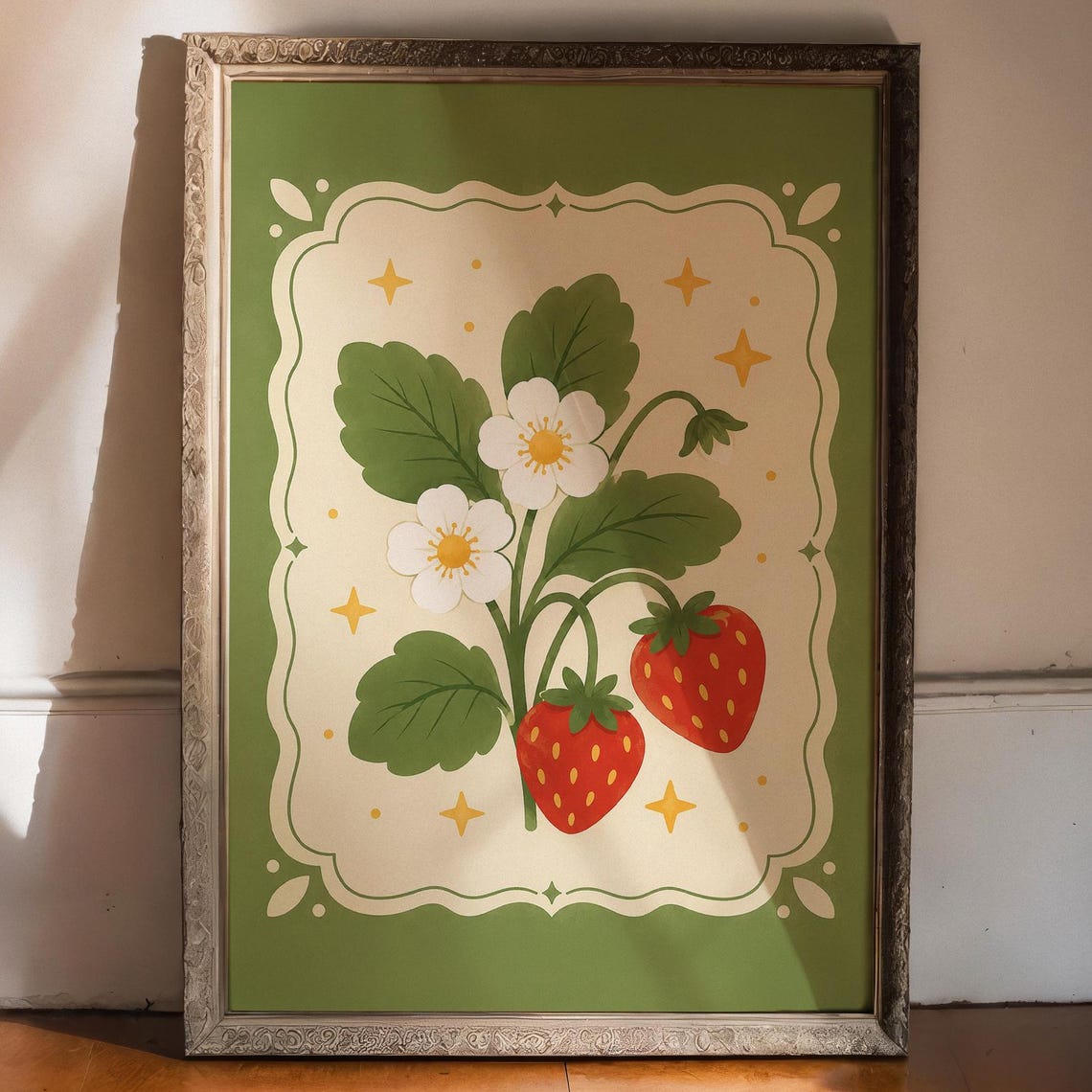 Strawberry Botanical Print Naive Cottagecore Kitchen Decor Whimsical Fruit Poster