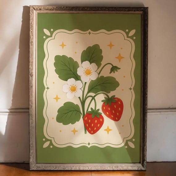 Strawberry Botanical Print Naive Cottagecore Kitchen Decor Whimsical Fruit Poster