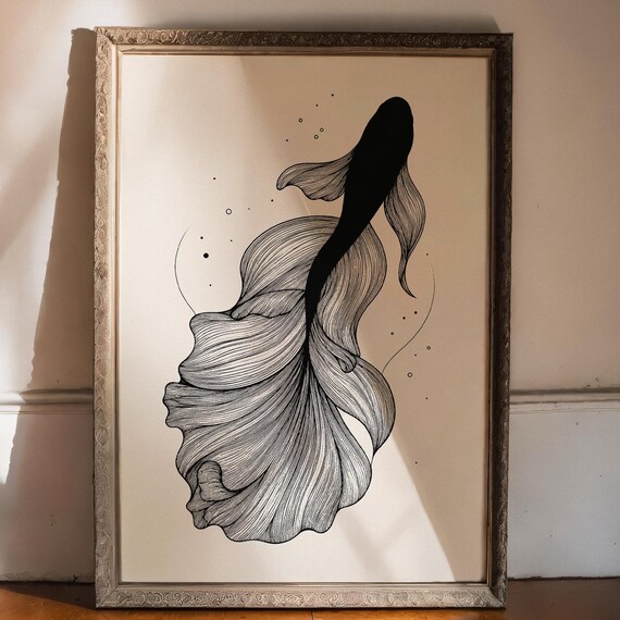 Minimalist Koi Fish, Japanese Zen Line Art