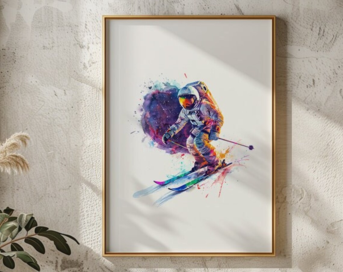 Astronaut Skiing In Colorful Watercolor Paint Splash Style Print