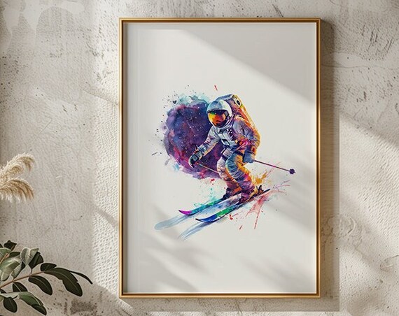 Astronaut Skiing In Colorful Watercolor Paint Splash Style Print