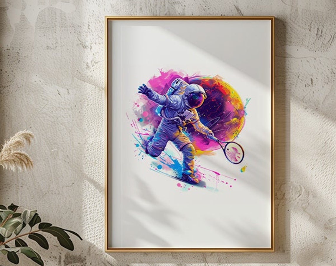 Astronaut Tennis Player Colorful Space Splash Watercolor Poster