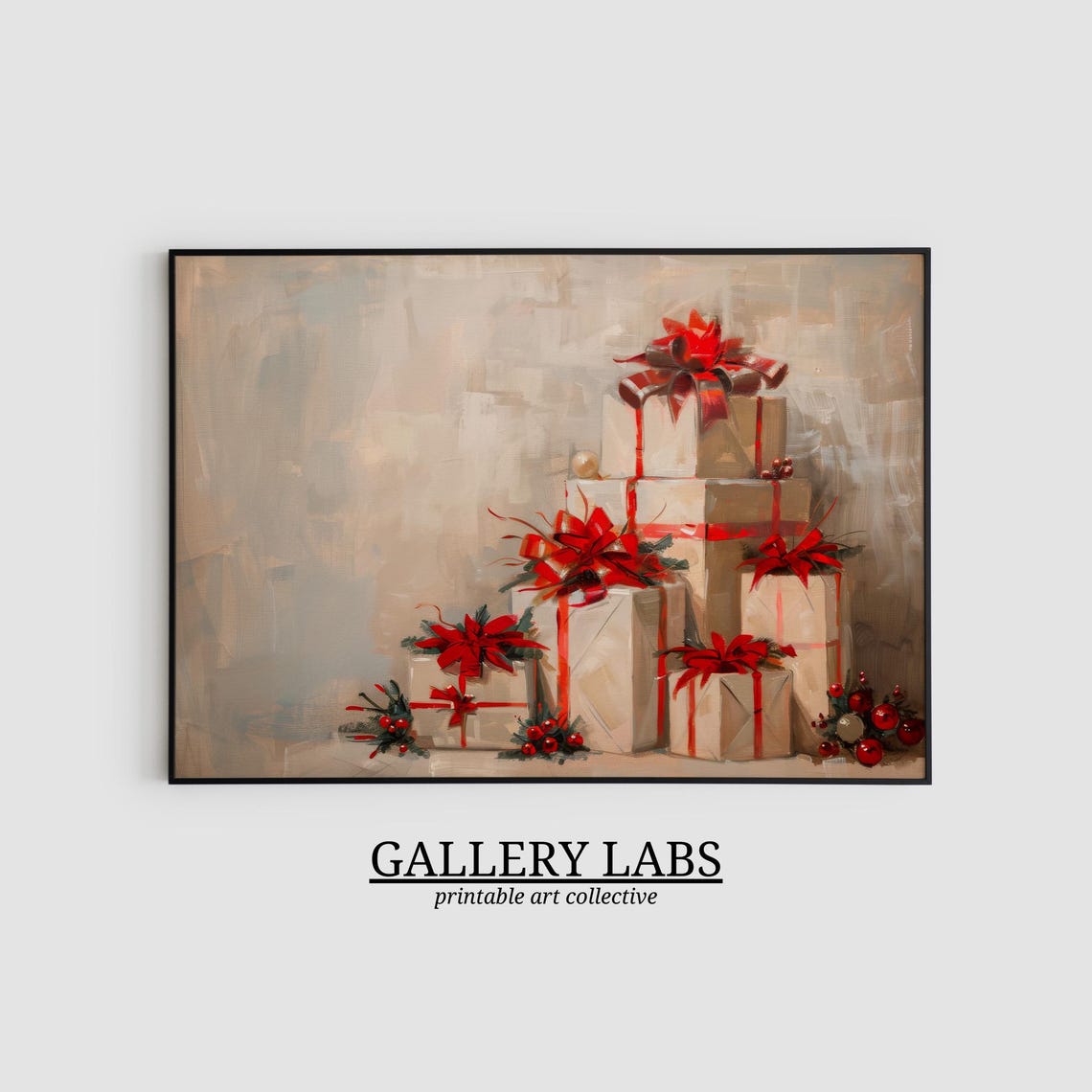 Vintage Christmas Gift Boxes Red Bows Still Life Painting Art Poster - Image 2