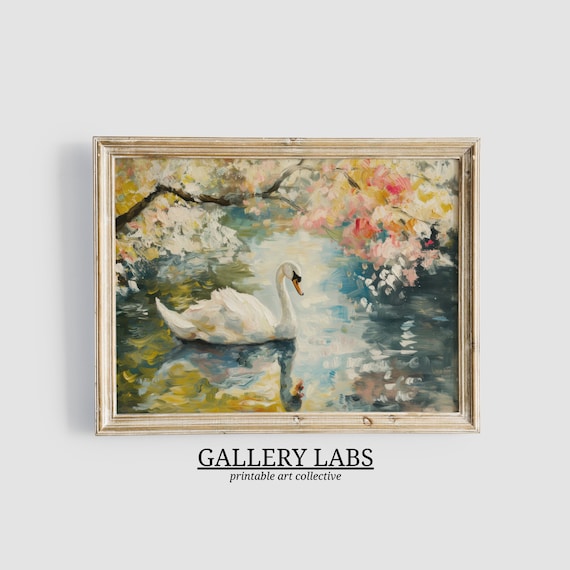 White Swan on Blossom Pond Painting Floral Lake Water Art Print