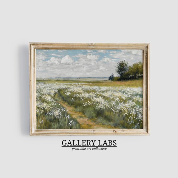 White Wildflower Meadow Winding Path Vintage Landscape Art Print