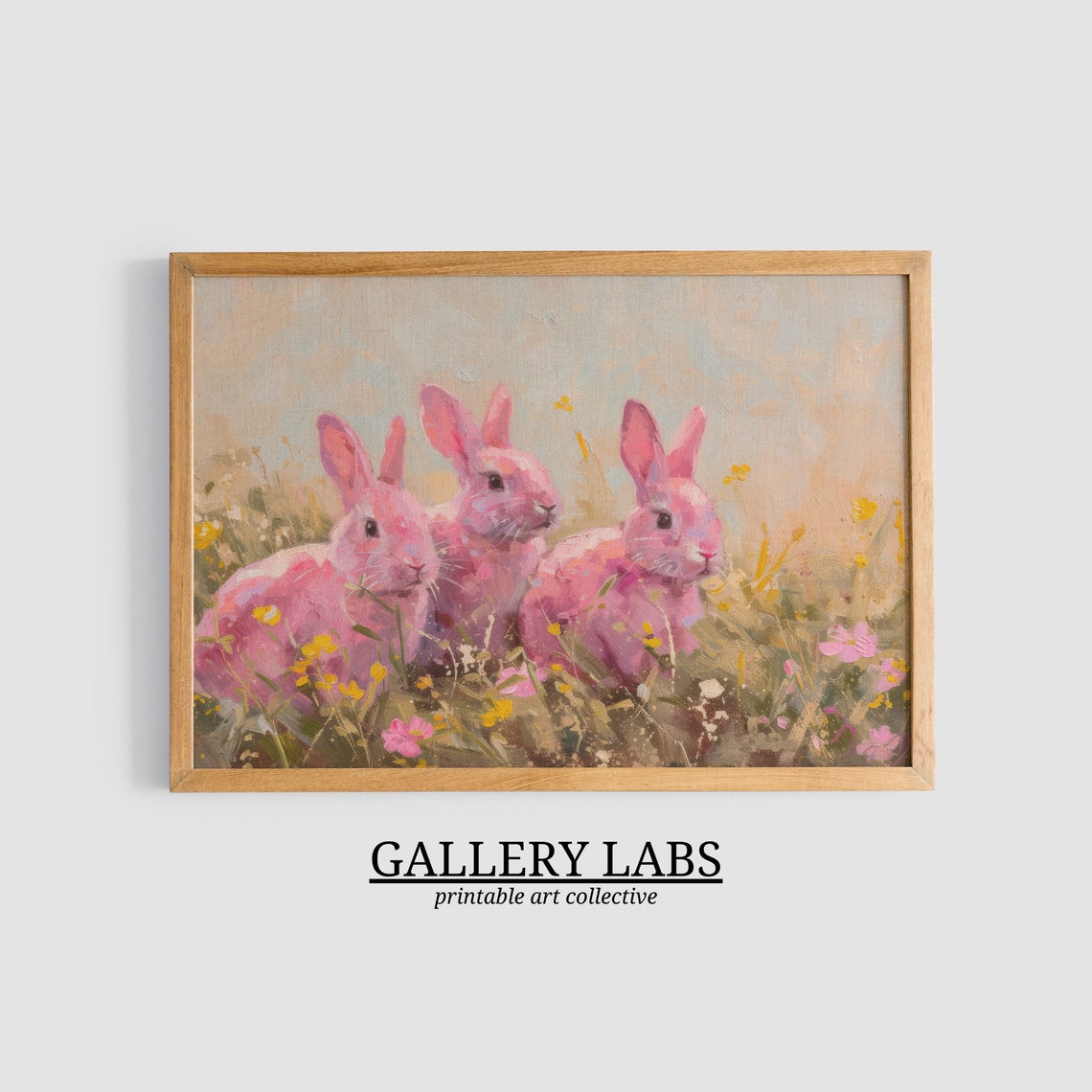 Three Pink Rabbits in Wildflower Field Whimsical Bunny Art Print - Image 3