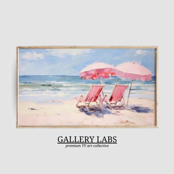 Pink Beach Chairs Umbrellas Gentle Surf Sunny Summer Day Poster