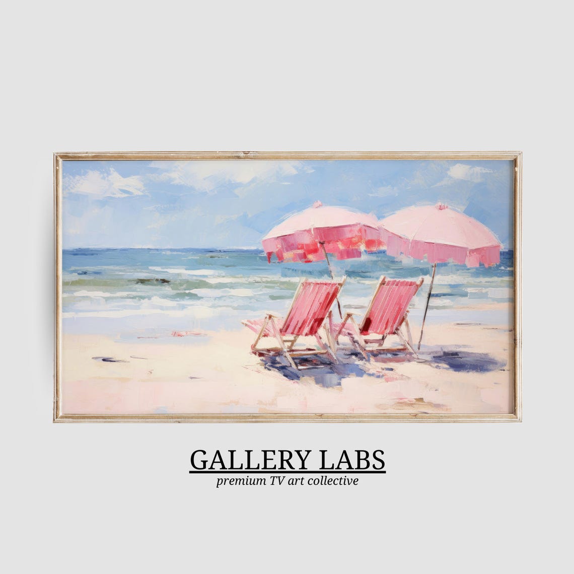 Pink Beach Chairs Umbrellas Gentle Surf Sunny Summer Day Poster