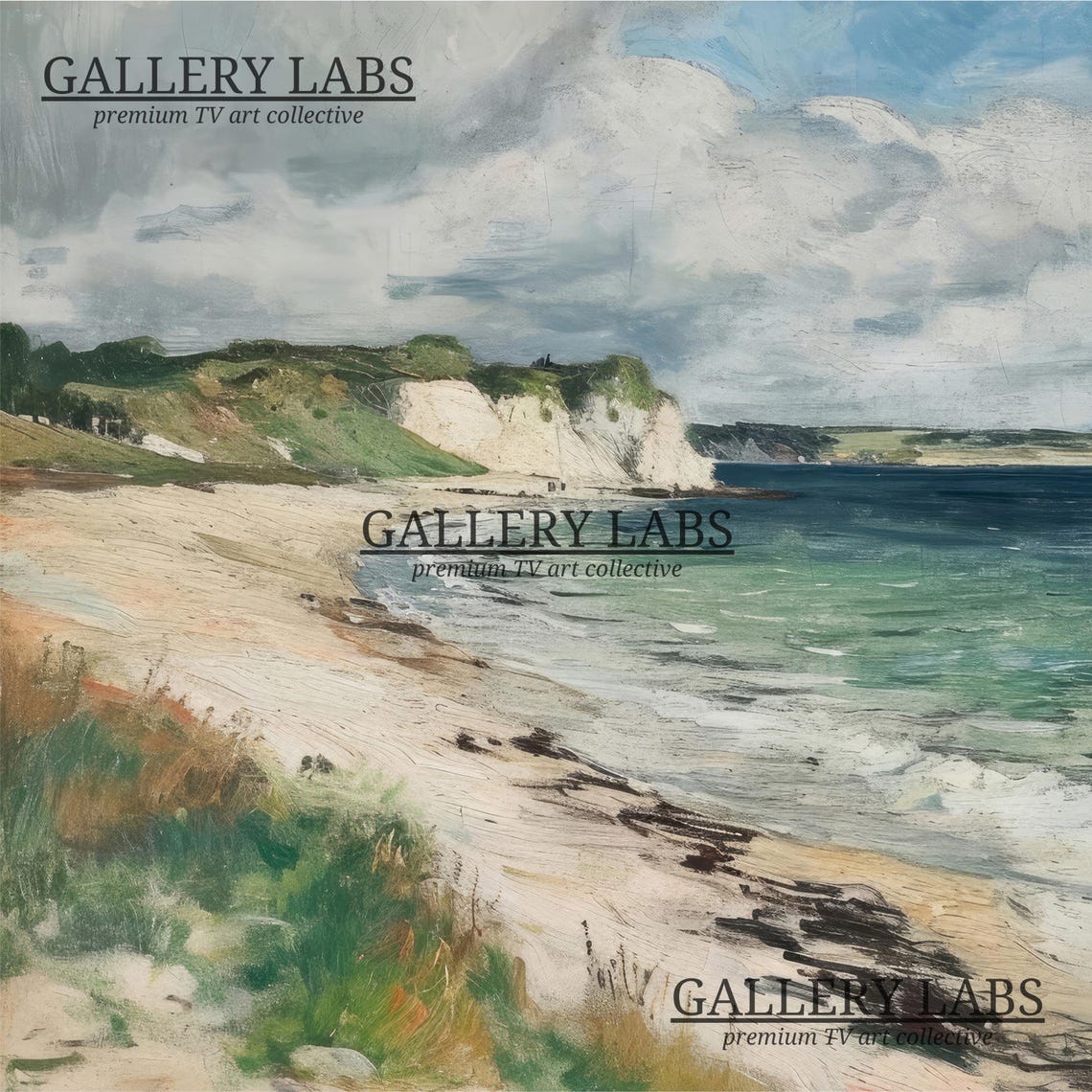 White Chalk Cliffs Green Headland Calm Sea Seascape Painting Poster - Image 4