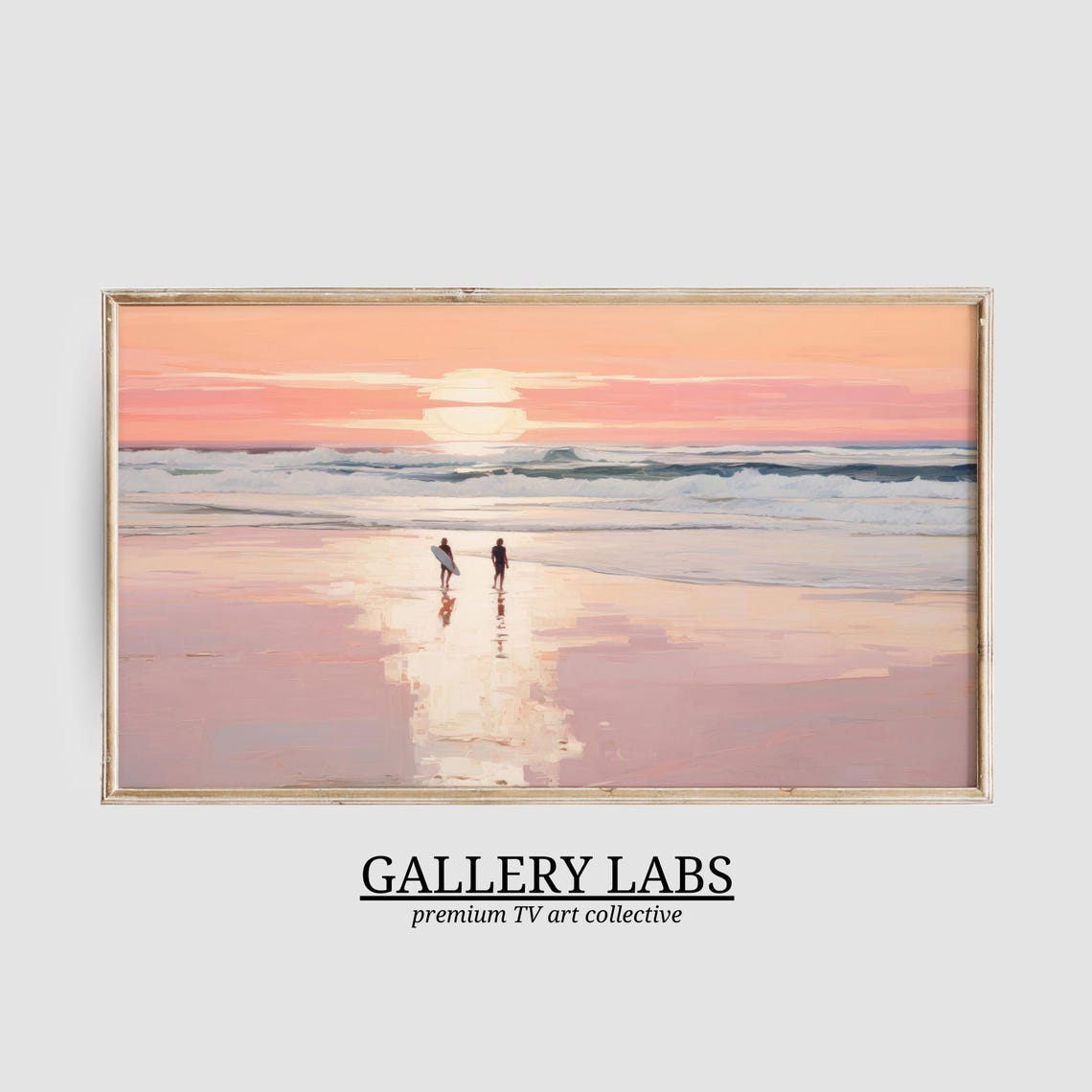 Pink Sunset Surfers Beach Painting Retro Coastal Surf Wall Art Poster