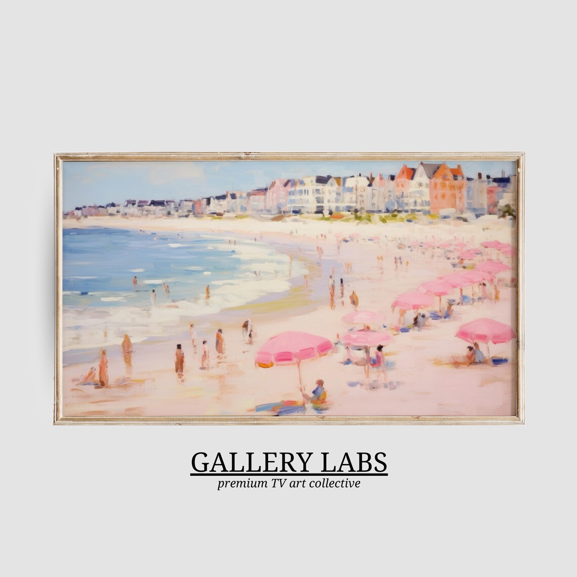 Pink Umbrella Beach Painting European Seaside Town Summer Coastal Wall Art