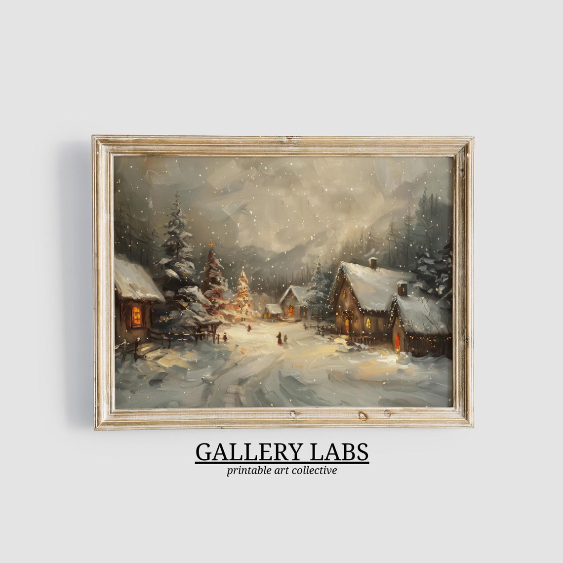 Snowy Village Glowing Cabins Falling Snow Winter Night Painting Poster