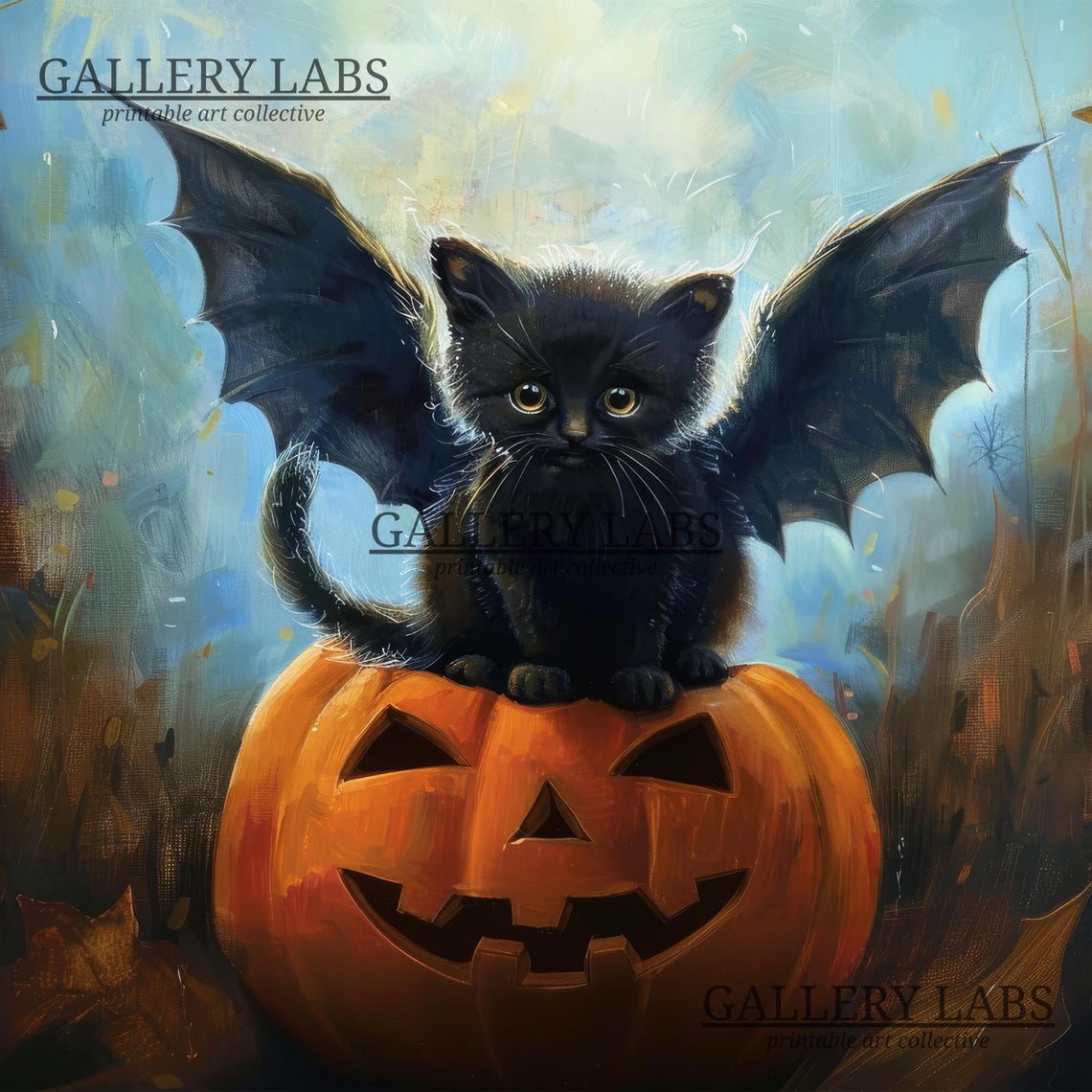 Black Cat with Bat Wings on Jack O Lantern Halloween Wall Art Print - Image 4